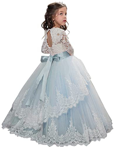 PLWEDDING Vestido de encaje largo con mangas de flores para niña, vestido de princesa de tul para niños, vestido de primera comunión, azul, 10-11 años