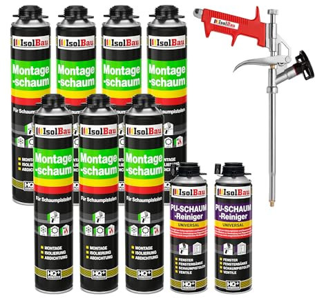 Isolbau Kit de mousse de construction – Comprend 7 x 1K mousse de montage B2 avec un excellent son et une isolation thermique (750 ml chacune), 2 nettoyants pour mousse PU (500 ml) et 1 pistolet à