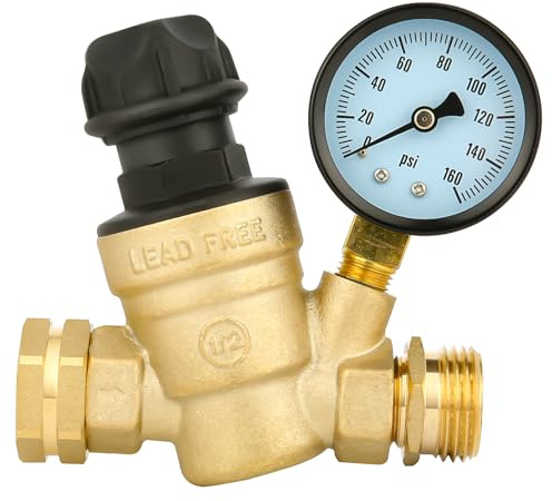 RV Water Pressure Regulator Valve, Brass Water Pressure Regulator with Inlet Screen and Gauge, Lead-Free Adjustable Water Pressure Reducer for Camper Trailer Plumbing System