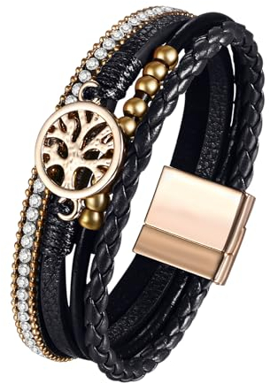JewelryWe Lebensbaum Lederarmband Damen Wickelarmband: Schwarz Vintage Boho Baum des Lebens Strass Kugel Perlen Mehrreihig Leder Geflochten Armband Armreif mit Magnetverschluss