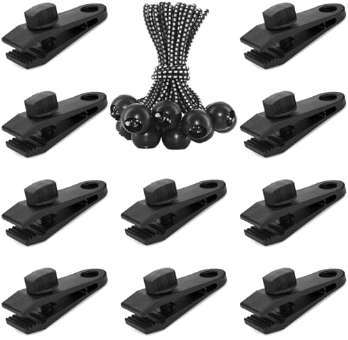 20 Stück Tarp Clips Set, Zeltplane Clips Planenbefestigung, 10 Heavy Duty Tarp Clips mit 10 Zelt Bungees Schnüre für Zelt Camping Vorzelt