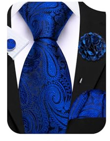 Barry.Wang Blue Tie 63 Paisley Silk Ties Set Pocket Square Cufflinks and Lapel Pin Extra Long Necktie Wedding