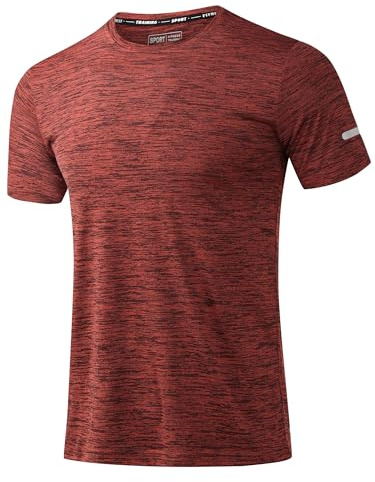 Peakwell Uomo Maglietta Sportiva T-Shirts Running Tee-Shirt ad Asciugatura Rapida e Traspirante con Strisce Riflettenti, Rosso-Arancio, XL