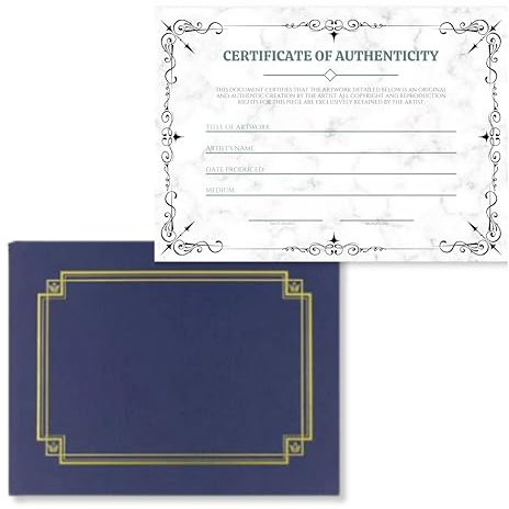 J&J'S TOYSCAPE Certificat d'authenticité de 21,6 x 27,9 cm avec dossier de présentation bleu marine, parfait pour les évaluations, les cadeaux, les objets de collection et les œuvres d'art