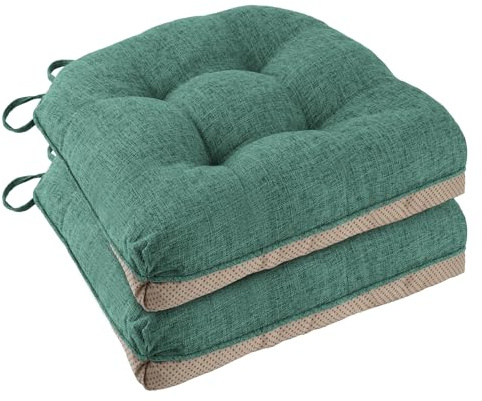 FlyGulls Seat Cushions for Dining Chairs Set of 2, 46x46x8cm, Green | Non-Slip with Ties, Tufted, Faux Linen, Chair Cushions for Dining Room Kitchen Breakfast Nook Living Room Indoor Home Garden