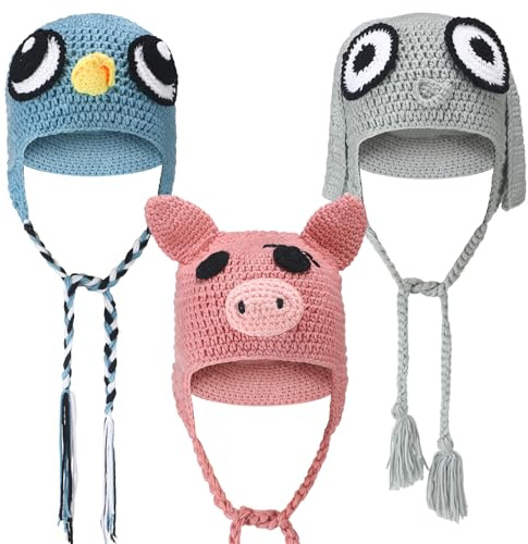 Yearntown 3 Pcs Bird Pig Elephant Hats Pig Elephant World Book Day Book Character Costumes Accessories Crochet Caps with Realistic Eyes for Party Cosplay Dress up