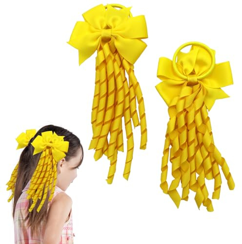 2Pcs Yellow Hair Accessories, School Hair Bow Spiral Hair Yellow Scrunchie | Ties Girls Bows Ribbon Kit Kids Bands Ribbons Bobbles Band Personalised Headband,for Girl Toddler Ponytail Curly Streamers