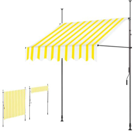Tenda a braccio estensibile per balcone, altezza e inclinazione regolabili, senza trapano, morsetto a manovella, ideale per terrazza, colore giallo e bianco, soluzione parasole per esterni da 2 m