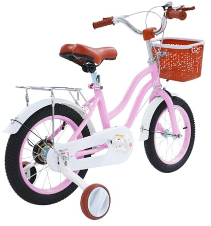 GIDRLL Freestyle BMX Barncykel 35,6 cm (14 tum), höjdjusterbar, för pojkar och flickor från 3 till 6 år och uppåt, med stödhjul, baksäte och cykelkorg (rosa)