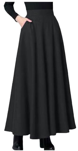 Womens Vintage A-line Long Maxi Skirts Business Office Swing Pleated Flared High Waisted Skirt with Pockets Women's Renaissance Maxi Skirt Vintage Swing Elastic Waist Pleated Skirts Black