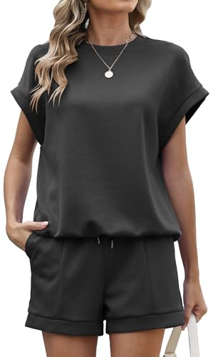Famulily Short Sleeve Women Tracksuit Set Solid Color Simple Lounge Wear Sets Soft Two Piece Outfits with Pockets Black L