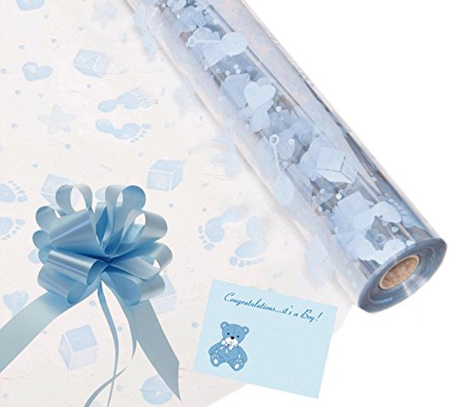 Baby Boy Cellophane Gift Wrap Hampers Florist Baby Shower + Free Pull Bow, Curling Ribbon & Card (3 Metre, Baby Blue Ribbon, Baby Blue Pull Bow)