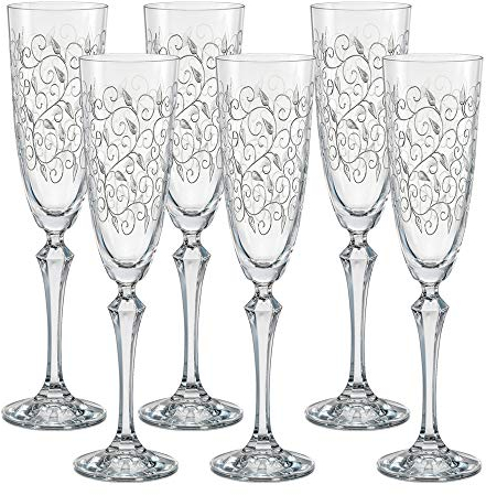 Bohemia Sektgläser Kristall, Sektkelch, Model Leaves Clear, Gravur, 200 ml, 6er Set