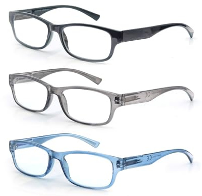 MODFANS 3 Pack Lesebrille 4.0 Herren/Damen,Gute Brillen,Hochwertig,Rechteckig,Komfortabel,Super Lesehilfe,fur Manner und Frauen,Schwarz-Blau-Grau