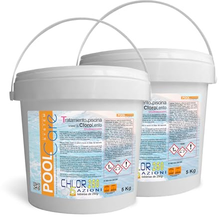 POOL CARE CHLOR 250 5 Actions -in tablets of 250gr. Active 90%. Slow Dissolving Multiaction Chlorine for Swimming Pool - Immediate Shipping 10KG
