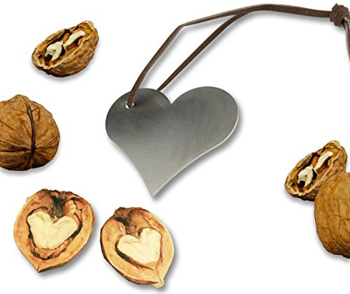 Cascanueces de acero inoxidable auténtico, forma de corazón, incluye correa de cuero, 5,2 x 5,9 cm, envuelto en celofán, ideal como colgante o pequeño regalo