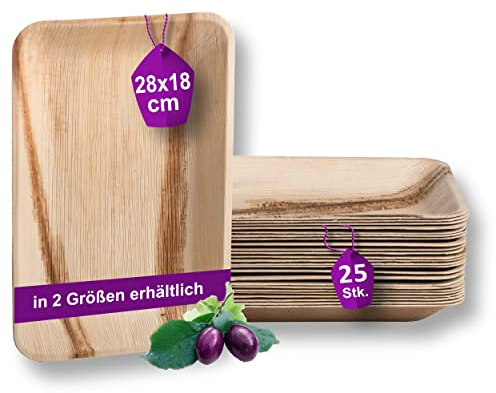 Waipur 25 Platos Desechables de Hoja de Palma Orgánicos - Rectangular 28x18 cm - Vajilla Ecológica Elegante - Estable, Natural y Biodegradable - Bandejas de Fiestas - como Menaje de Bambu