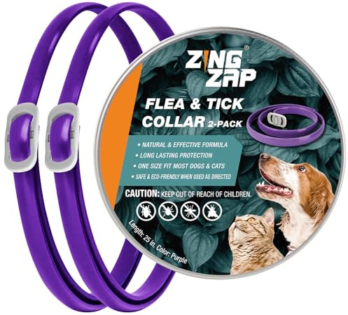 ZingZap Flea & Tick Collar 2-Pack Purple, Protects from Biting Insects, Adjustable Fits Both Dogs & Cats, Built-in Plant Based Formula, Slow Release Lasting Protection, Waterproof