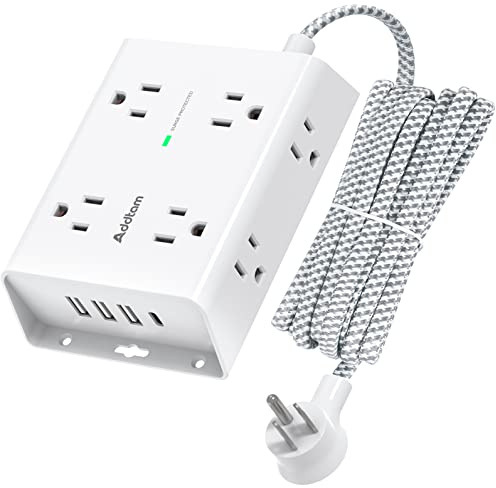 10Ft Long Surge Protector Power Strip, Addtam Extension Cord with 8 AC Outlets and 4 USB Ports(1 USB C), 3-Side Outlet Extender Strip, Flat Plug, Wall Mount, Dorm Home Office Essential, ETL Listed
