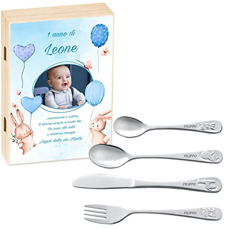 Maverton Set di 4 posate per bambini con incisione + scatola in legno con stampa personalizzata - motivo animali - idea regalo neonato maschio - festa