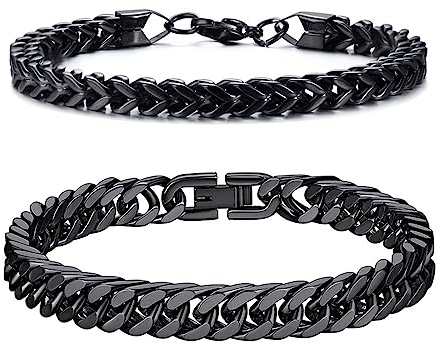 GoPaw 2 Stück Herren Armband Panzerkette, Edelstahl Herren Armband Schwarz Silber Panzerkette Armbänder Hip Hop Jewelry Cuban Link Chain Armbänder für Männer Jungs (Schwarz-21cm)