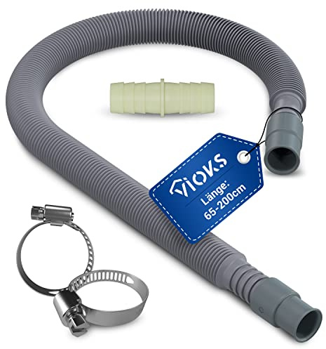 VIOKS SET tvättmaskinslang, förlängning, utdragbar 60–200 cm Ø 19/21 mm, 2 x slangklämma tvättmaskin Ø 18/28 mm och slangkontakt Ø 24/24 mm