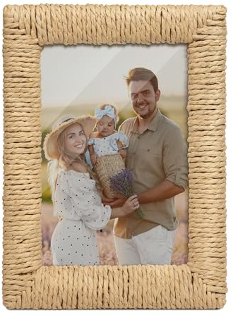 takfot Boho 5x7 Picture Frame, Natural Boho Rattan Photo Frame with Real Glass Paper Rope for Wall and Tabletop Display Gift for Mom Grandma Family Friends