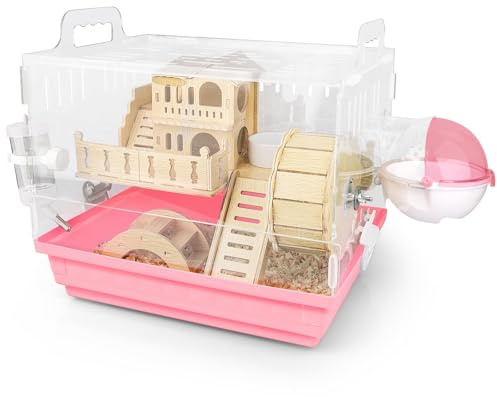 Cycodo 8 in 1 Acrylic Hamster Cage,2-Tier Dwarf Hamster Cage with Wooden Wheel & Hideout,Small Hamster Habitat with Accessories,Clear Pet Mice House(Pink,14 L*10 W*11 H)