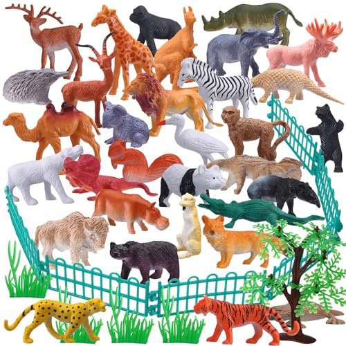 53Pcs Mini Safari Animal Figures Set, Plastic Educational Forest Animal Toys for Boys Girls Kids Toddlers, Realistic Zoo Toy with 32 Mini Animals, 1 Tree, 4 Grass, 16 Fences for Kids Aged 3+