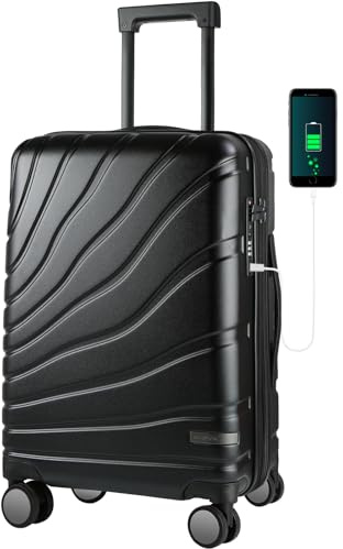 VANKEAN Carry On Luggage with Spinner Wheels & TSA Lock, Expandable Fashionable Hard Shell Suitcase airline approved，20 Inch Carry-On，Black