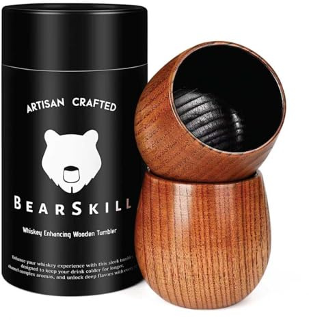 BearSkill Charred Wooden Bourbon Drinking Glass, Whiskey Tumbler, Bourbon Gifts for Men - Wooden Old Fashioned Glass | Great Whiskey Gifts for Men