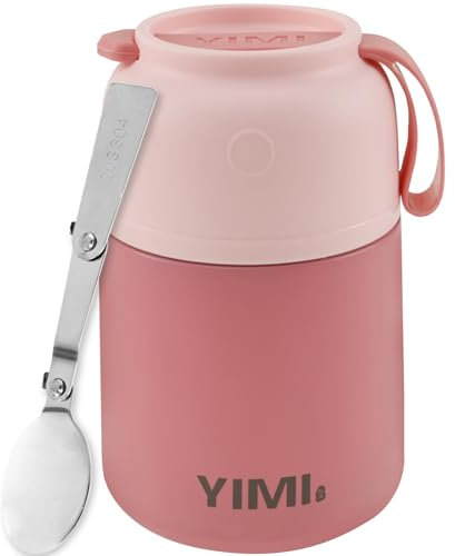 Thermal Food Flask 530ml Soup Flask with Stainless Steel Folding Spoon Thermal Food Container Leakproof Insulated Food Jar Insulated Thermo Soup Jar for Hot Food Keep 12H and Cold 24H(Pink)