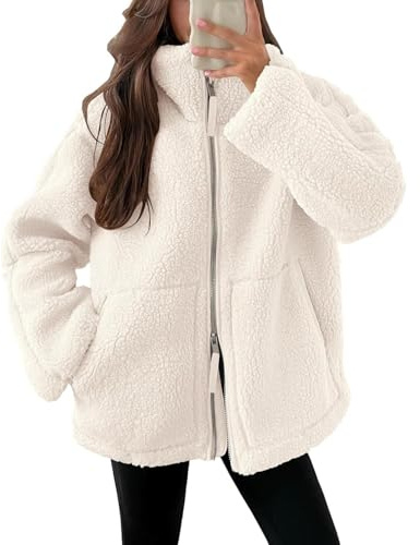 ticticlily Veste Sherpa Femme Polaire Peluche Teddy Manteaux avec Zippée Manteau Chaude Décontractée Épais Vestes Blousons A Blanc M