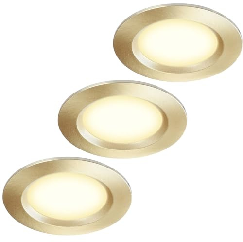 HCFEI Set med 3 inbyggda spots för möbler - 12 V - Ultraplata - 3 W - Håldiameter: 55 mm - Med 2 m kabel - IP44 - För speglar, vitriner, möbler och skåp (gyllene 3000 K)