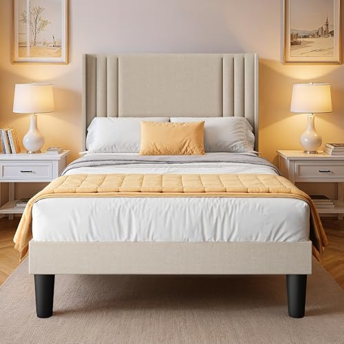 Blishom Letto imbottito 120 x 200 cm, con testiera e rete a doghe, robusto letto in tessuto per ragazzi e camere degli ospiti, struttura imbottita,Beige