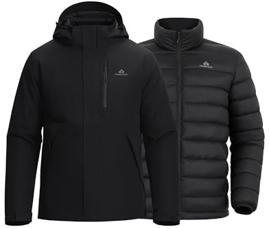 Pioneer Camp Giacca da mezza stagione 3 in 1, con fodera in piuma, tasche multiple, impermeabile ad alte prestazioni e cappuccio regolabile, Nero , L