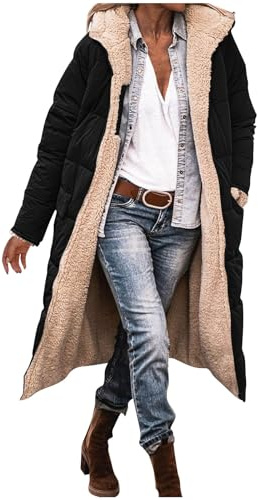 Womens Long Quilted Coats - Fleece Lined, Reversible, with Hood, Down Jackets, Turtleneck Neck, Zipper Closure, Knee Length, Plus Size Longline Duster Trench Coats for Winter Warm, Black, M