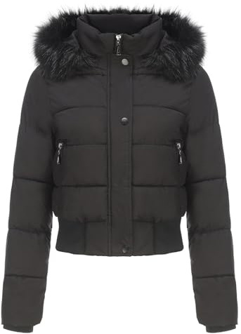 Giacca trapuntata leggera da donna con cappuccio, rimovibile, giacca trapuntata corta, calda, antivento, in pelliccia sintetica, per attività all'aperto, trapuntata, cappotto da donna, Nero , M