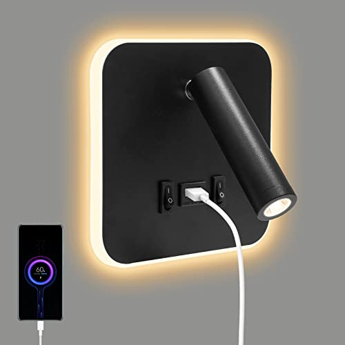 Bedside Reading LED Wall Light, Wall Mounted Reading Lamp with Switch and USB Port, 350° Rotatable Wall Sconce Spotlight for Bedroom, Hallway, Hotel, Adjustable 3000K Warm Lamp, 3W+9W(1pcs-black)