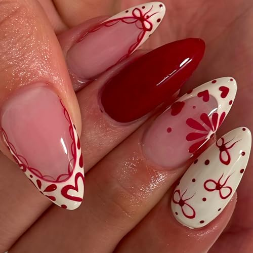 Oval French Tip False Nails - 24PCS Medium Almond Press On Nails with Glue - White Edge Fake Nails with Wine Red Heart Bow Lace Design - Glossy Stick On Nails for Women DIY Nail Art Valentine's Day