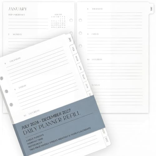 Magnifique agenda journalier 2026-2027 avec inserts A5 pour classeurs à 6 | Durable 14 x 21,1 cm Lot de recharges de papier pour ordinateur portable avec Onglets et calendriers mensuels – juillet 2026