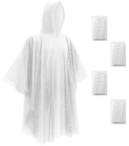 JXJIUA 4 PCS Rain Ponchos for Adults - Men/Women Disposable Emergency Rain Coat with Drawstring Hood, Family Home Survival Kits Clear