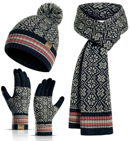 INSISMY Hatt halsduk handskar set dam mössa lång halsduk termisk pekskärm handskar set 3 st mjuk varm vinter stickad snöflinga mönster retro pom keps set för kvinnor män, Mörkblå, One Size