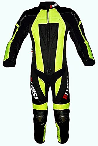 BI ESSE - Professionell läder- och cordura MINIMOTO-overall för barn, komplett med skydd (Svart/Fluogul, XL (10-11 år))