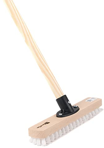BawiTec Schrubber Qualitäts Wischer 30 cm Breite mit Stiel 140 cm Länge (Holzstiel) Bodenschrubber/Scheuerbürste schmale Form weiße Polypropylen Borsten für Haushalt,Bad,Werkstatt,Gewerbe (140cm)