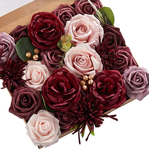 Serwalin Fiori artificiali per torta bouquet da sposa centrotavola per il giorno del Ringraziamento Peonia Rose Fiori di nozze Combo Fiori finti Boho per la (Rosa borgogna)