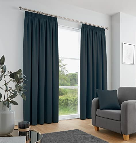 Fusion - Galaxy - Pair of Dim-out Pencil Pleat Curtains - 90 Width x 90 Drop (229 x 229cm) in Navy