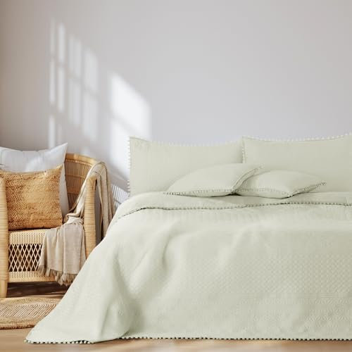 AmeliaHome Tagesdecke mit Pompons 170x210 cm Bettüberwürf zweiseitig Ultrasonic Steppung Polyester Meadore Creme