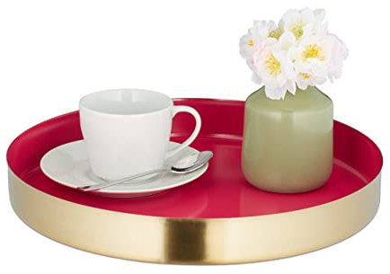 Relaxdays Plateau de Service, Design Rond, Bord surélevé, Petit-déjeuner au lit, Acier INOX, HD : 4 x 32 cm, Rouge/doré