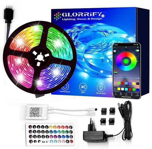 Glorrify Ruban LED RGB 5m – Bande LED Multicolore pour Chambre et Maison – LED Strip Adhésive 30 LED/m, Dimmable avec Télécommande et Effets Sonores